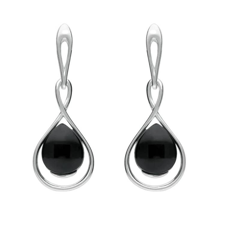 Sterling Silver Whitby Jet Open Pear Twist Drop Earrings