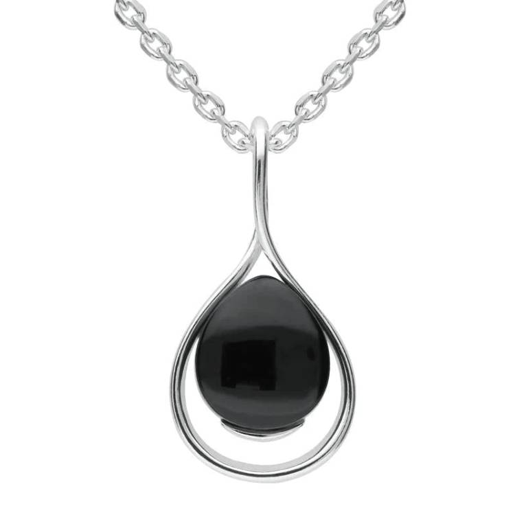 Sterling Silver Whitby Jet Open Pear Twist Necklace - Silver
