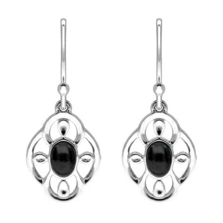 Sterling Silver Whitby Jet Open Petal Edge Flower Hook Earrings - Silver