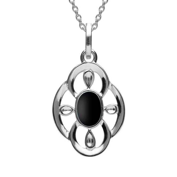 Sterling Silver Whitby Jet Open Petal Flower Necklace - Silver