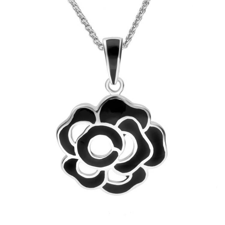 Sterling Silver Whitby Jet Open Rose Necklace - Silver