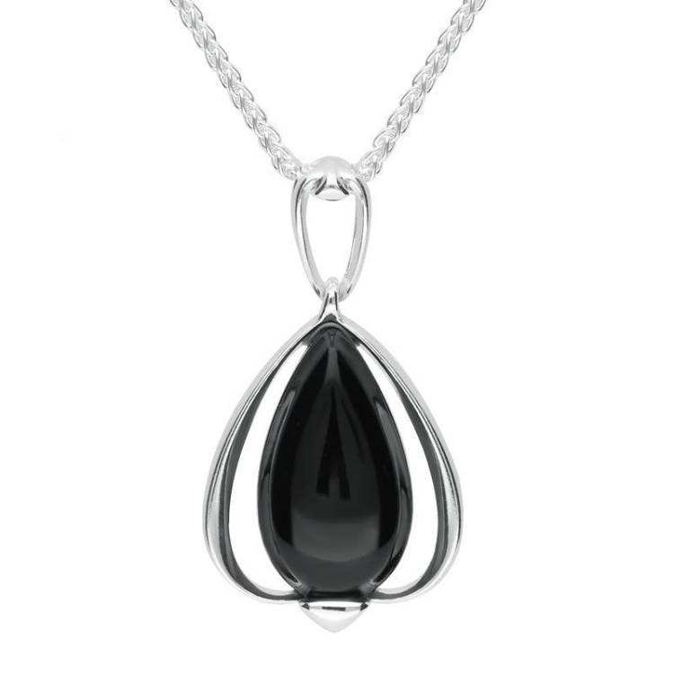 Sterling Silver Whitby Jet Open Side Pear Necklace - Silver