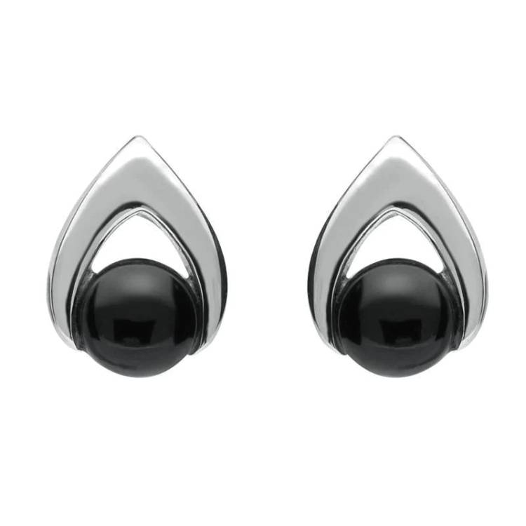 Sterling Silver Whitby Jet Round Open Triangle Stud Earrings - Silver