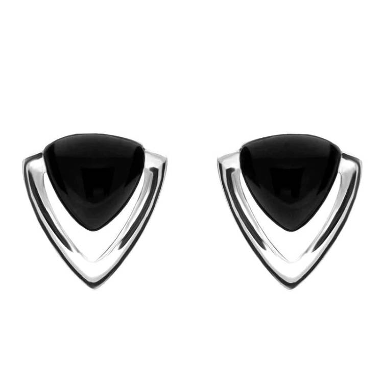 Sterling Silver Whitby Jet Triangle Open Stud Earrings - Silver