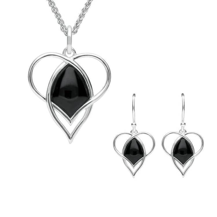 Sterling Silver Whitby Jet Open Twist Heart Two Piece Set