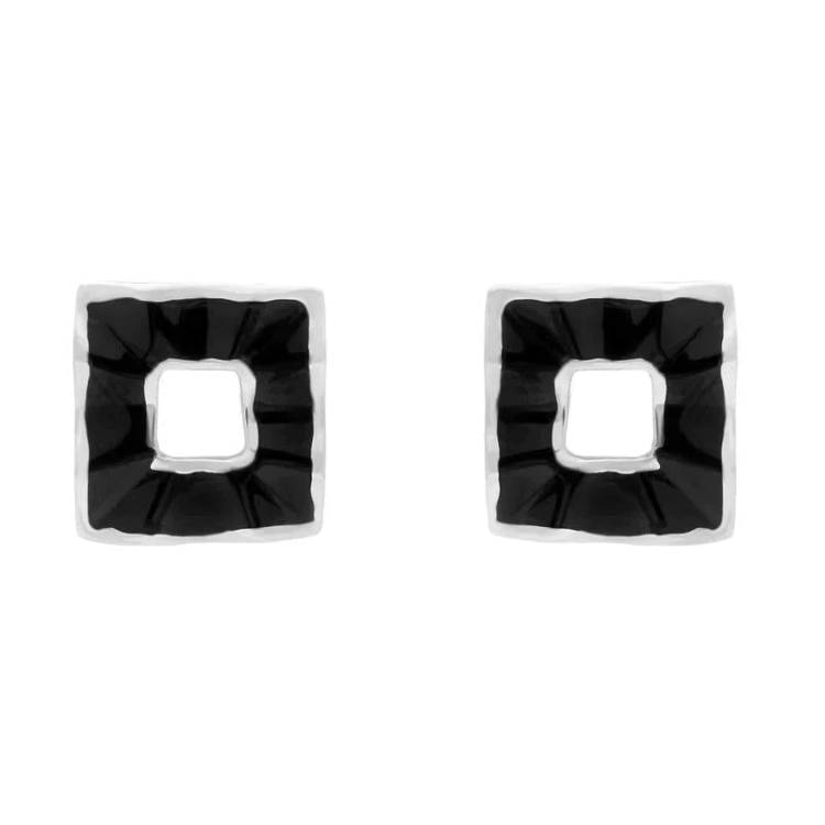Sterling Silver Whitby Jet Open Wavy Square Stud Earrings D - Silver