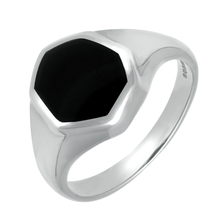 Sterling Silver Whitby Jet Organic Concave Signet Ring - Silver