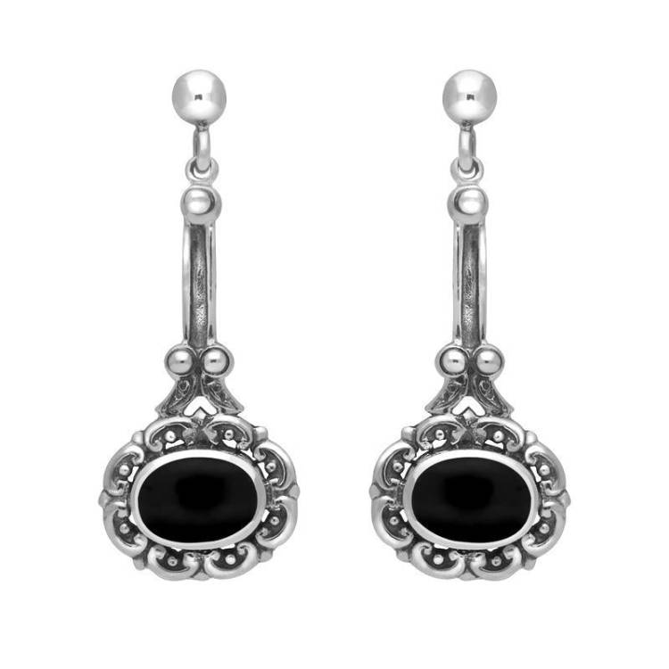 Sterling Silver Whitby Jet Ornate Antique Oval Drop Earrings