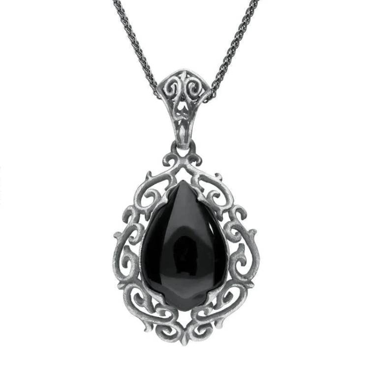Sterling Silver Whitby Jet Ornate Carved Pear Necklace - Silver