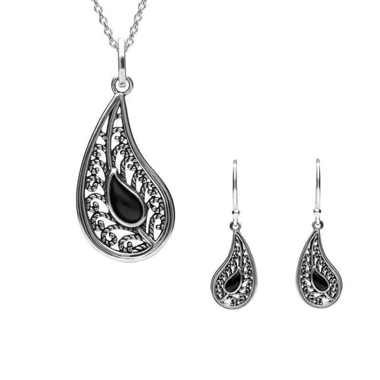 Sterling Silver Whitby Jet Ornate Tear Drop Two Piece Set