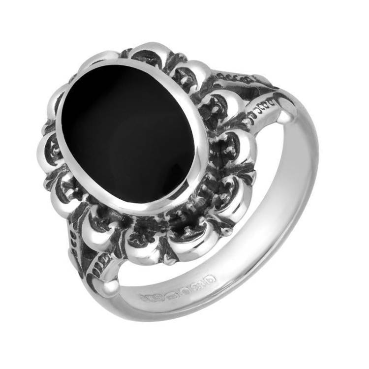 Sterling Silver Whitby Jet Oval Antique Frame Ring - Option1 Value Silver