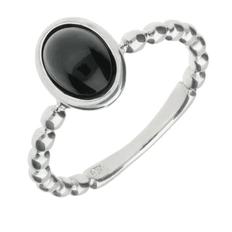 Sterling Silver Whitby Jet Oval Beaded Stacking Ring - Option1 Value Silver