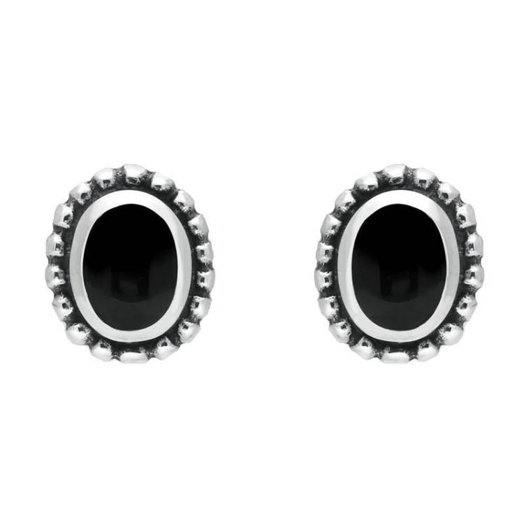 Sterling Silver Whitby Jet Oval Bobble Edge Stud Earrings - Silver