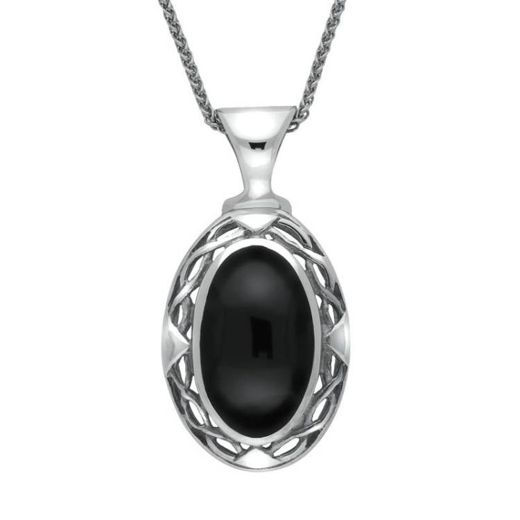 Sterling Silver Whitby Jet Oval Celtic Necklace - Silver