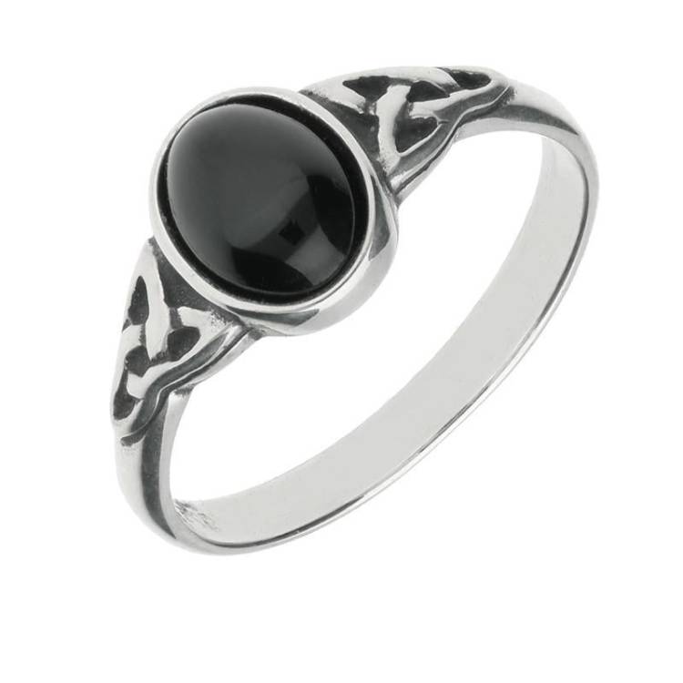 Sterling Silver Whitby Jet Oval Celtic Shoulder Ring - Option1 Value Silver
