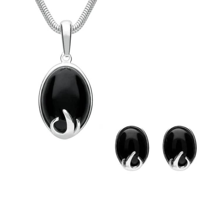 Sterling Silver Whitby Jet Oval Claw Two Piece Set