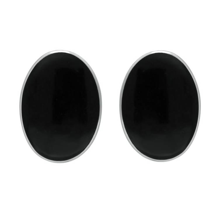 Sterling Silver Whitby Jet Oval Clip On Earrings - Silver
