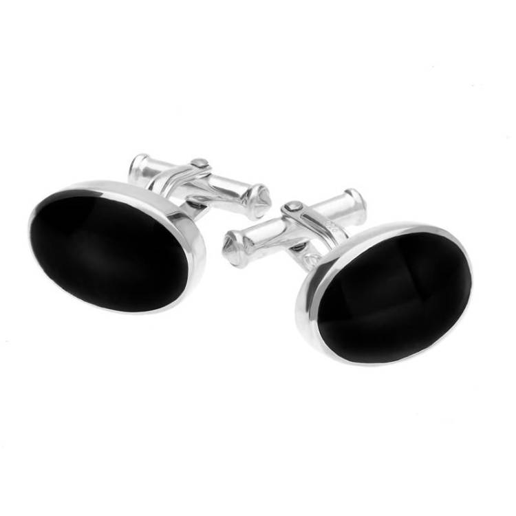 Sterling Silver Whitby Jet Oval Cushion Cufflinks - Option1 Value