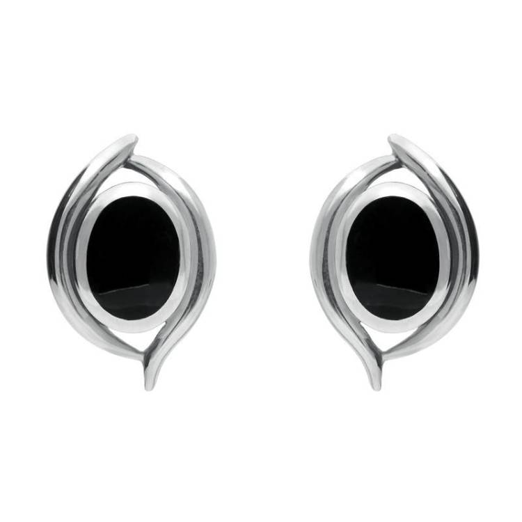 Sterling Silver Whitby Jet Oval Double Fleur Stud Earrings - Silver