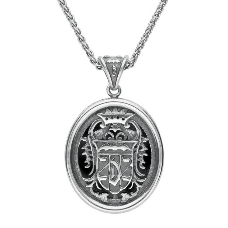 Sterling Silver Whitby Jet Oval Dracula Crest Necklace - Silver