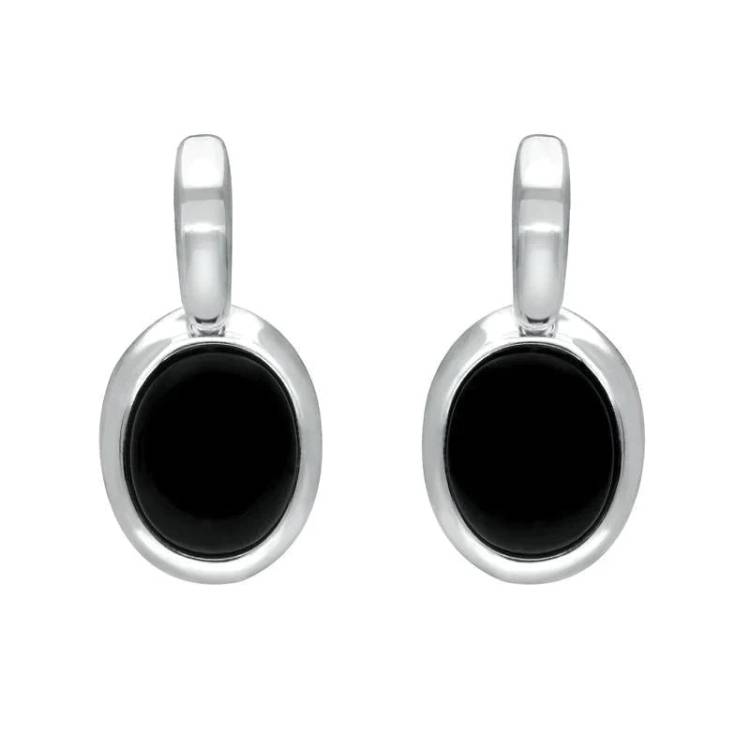 Sterling Silver Whitby Jet Oval Drop Earrings - Silver
