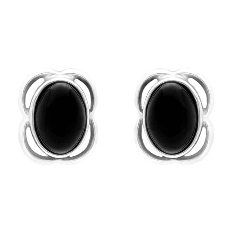 Sterling Silver Whitby Jet Oval Flower Stud Earrings - Silver