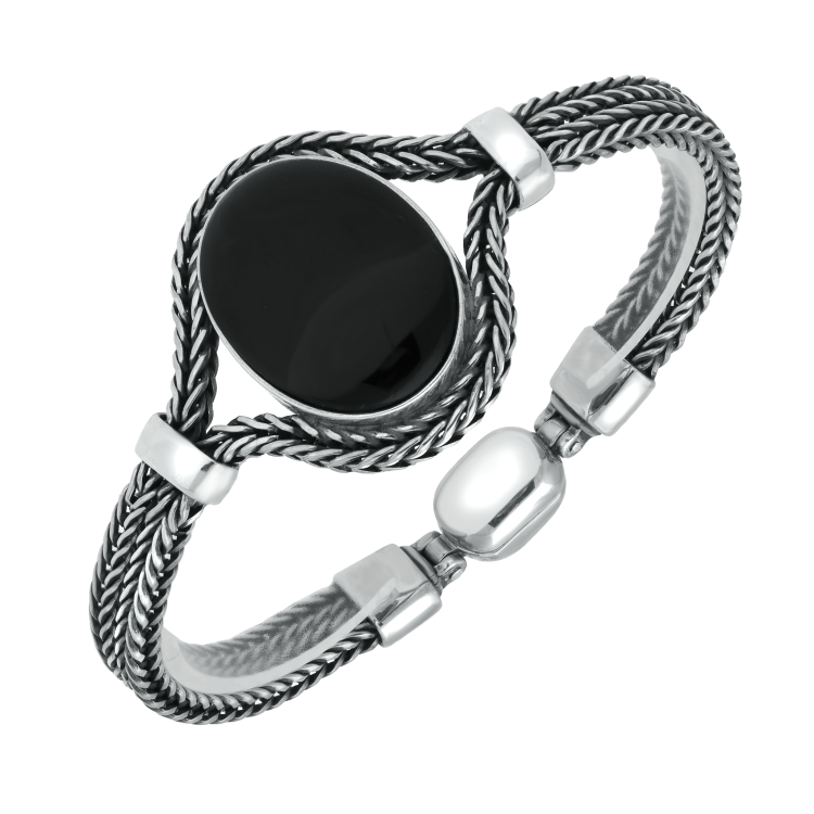 Sterling Silver Whitby Jet Oval Foxtail Bracelet - Silver
