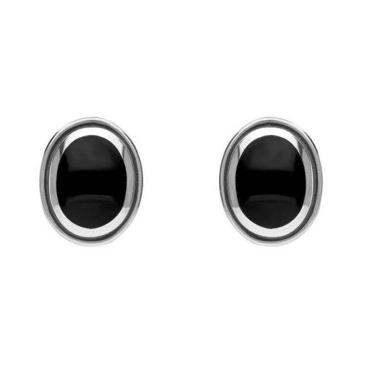 Sterling Silver Whitby Jet Oval Framed Edge Stud Earrings - Silver