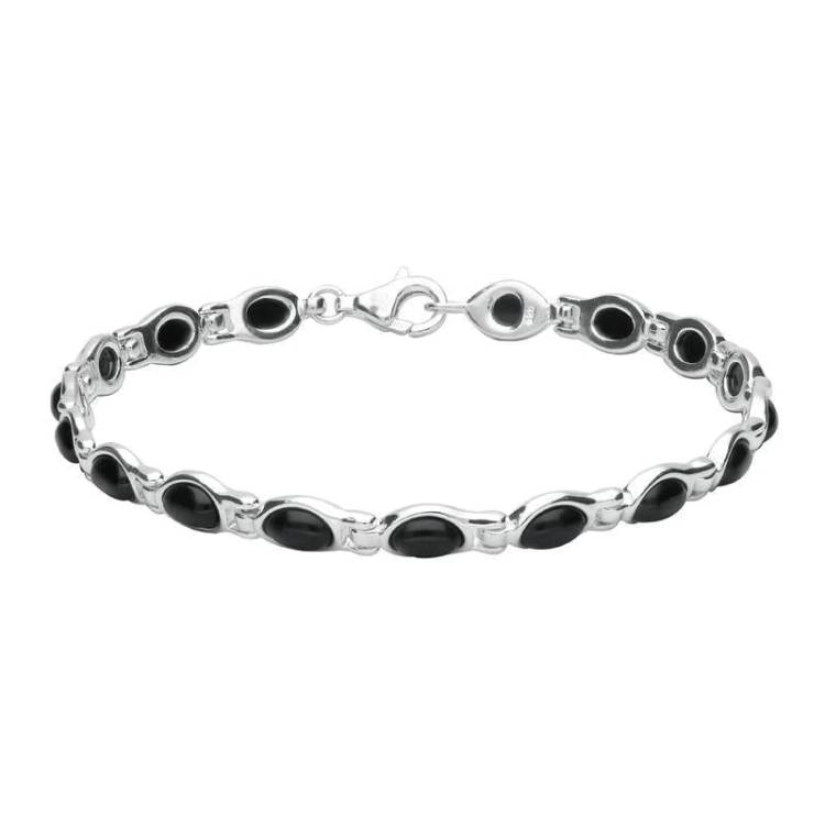 Sterling Silver Whitby Jet Oval Link Bracelet - Silver