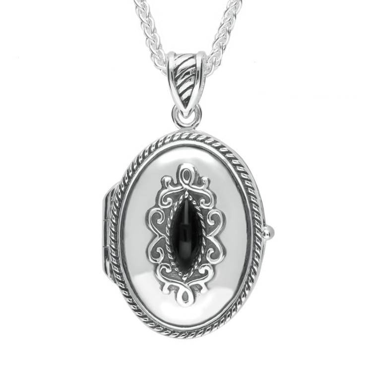 Sterling Silver Whitby Jet Oval Marquise Stone Locket - Silver