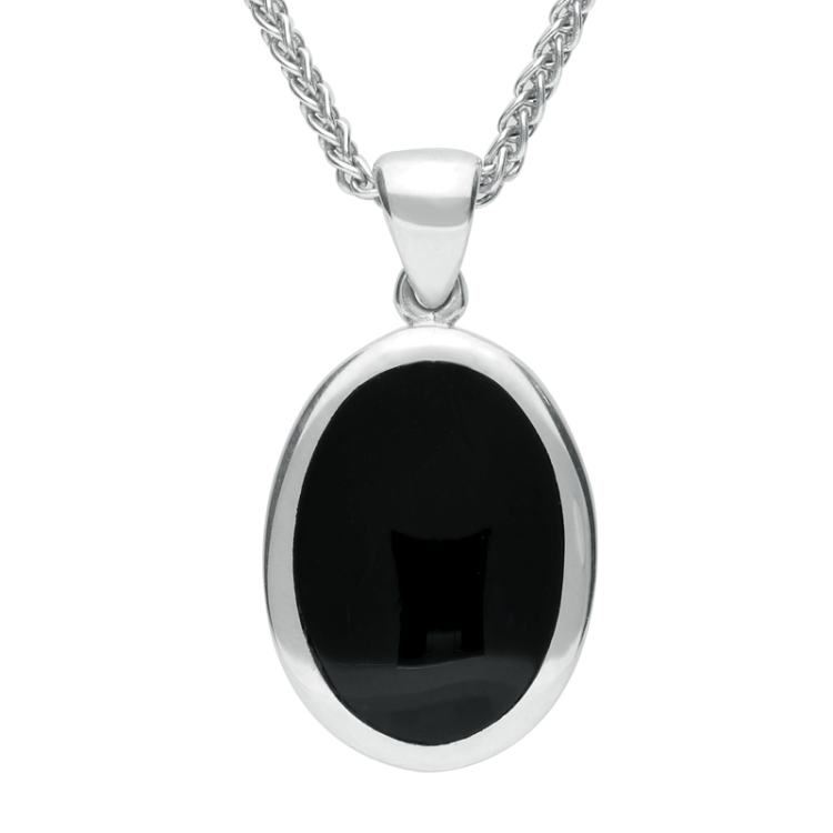 Sterling Silver Whitby Jet Oval Flat Necklace - Silver
