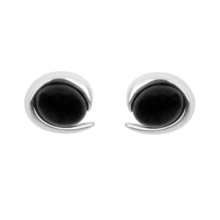 Sterling Silver Whitby Jet Oval Part Swirl Stud Earrings - Option1 Value Silver