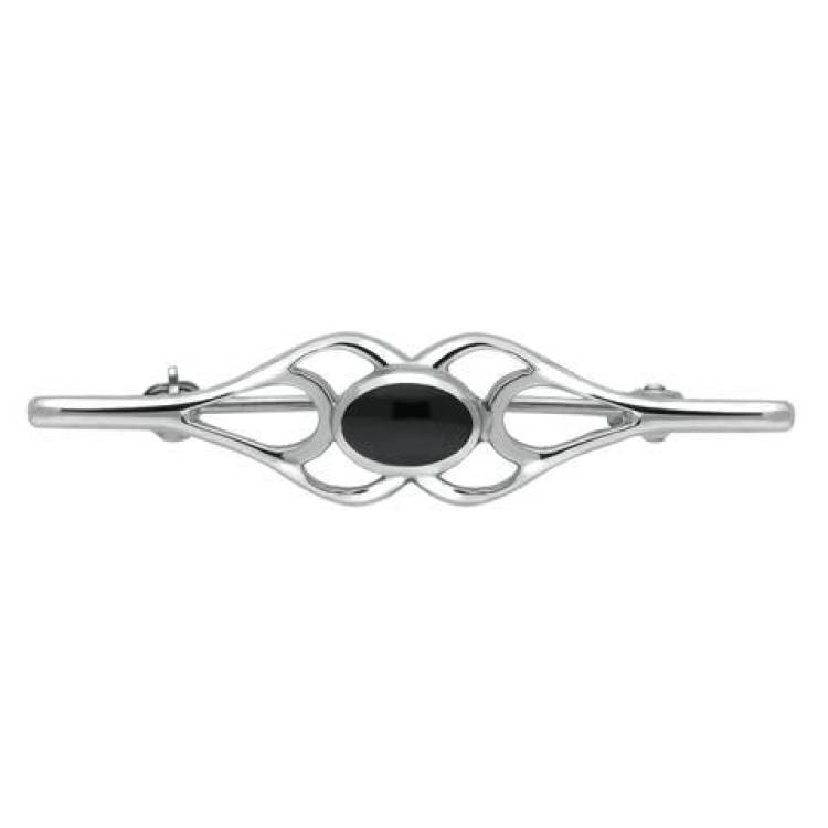 Sterling Silver Whitby Jet Oval Pierced Spoon Brooch - Silver