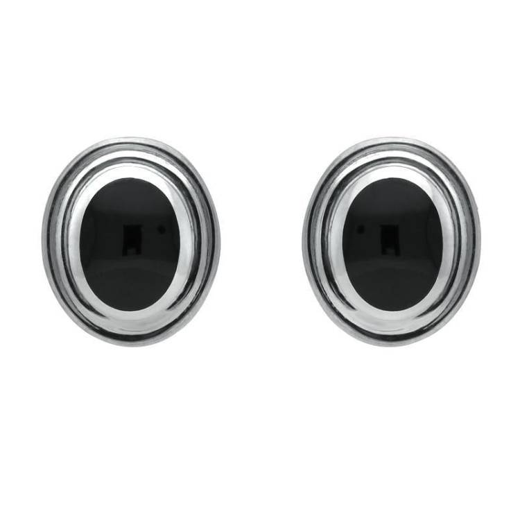 Sterling Silver Whitby Jet Oval Ribbed Edge Stud Earrings - Silver
