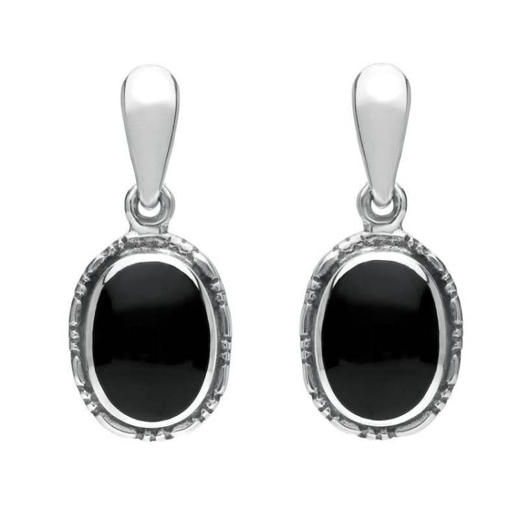 Sterling Silver Whitby Jet Oval Rope Edge Drop Earrings - Silver