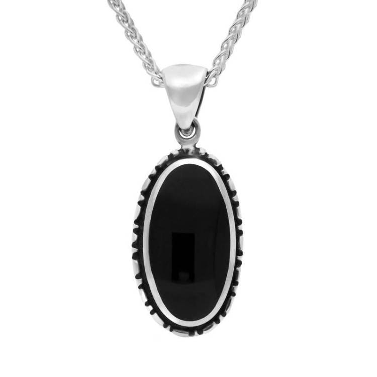 Sterling Silver Whitby Jet Oval Rope Edge Necklace - Silver