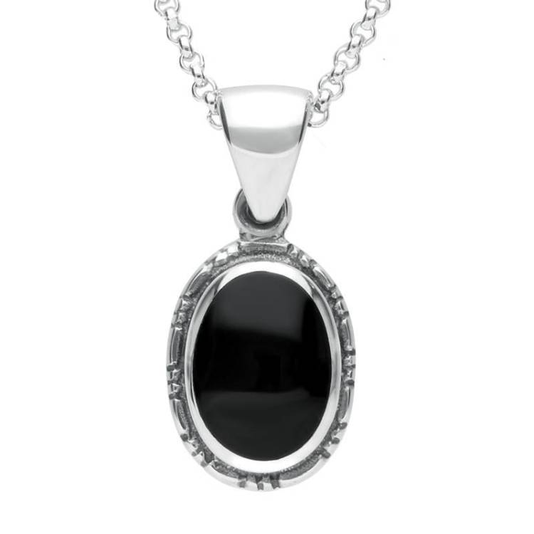 Sterling Silver Whitby Jet Oval Rope Edge Pendant - Silver