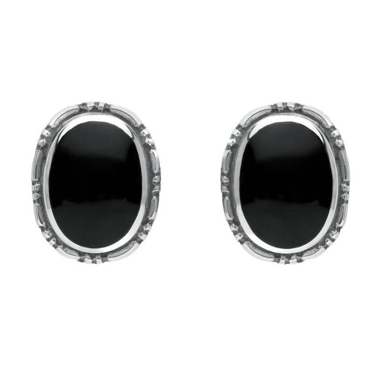 Sterling Silver Whitby Jet Oval Rope Edge Stud Earrings - Silver