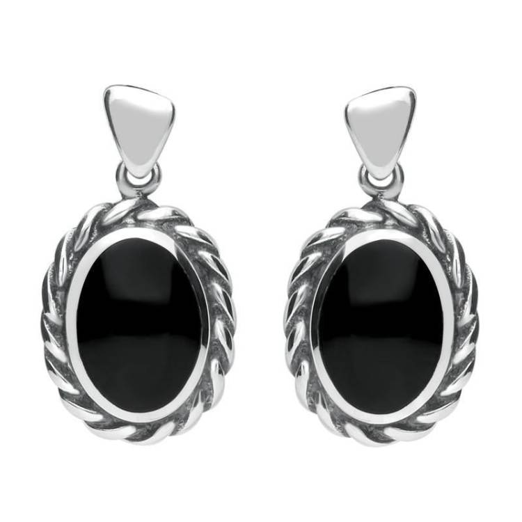 Sterling Silver Whitby Jet Oval Rope Edge Triangle Bail Drop Earrings - Silver
