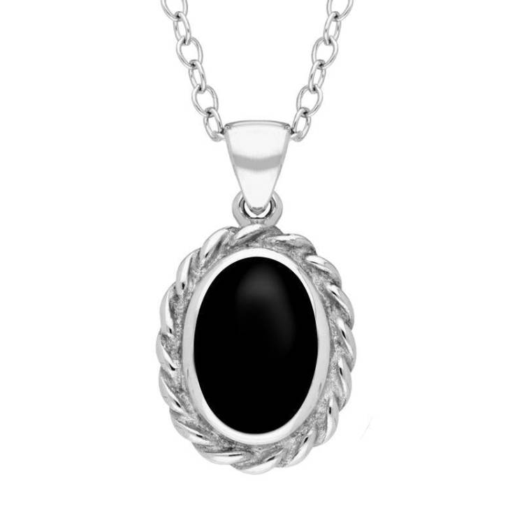 Sterling Silver Whitby Jet Oval Rope Frame Necklace - Option1 Value Silver