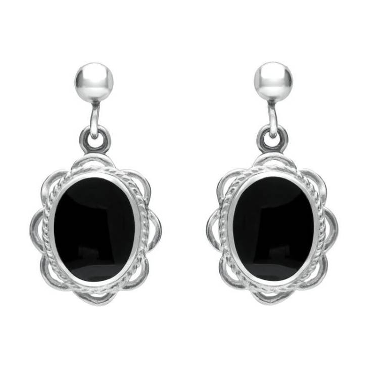 Sterling Silver Whitby Jet Oval Rope Frill Drop Earrings - Silver