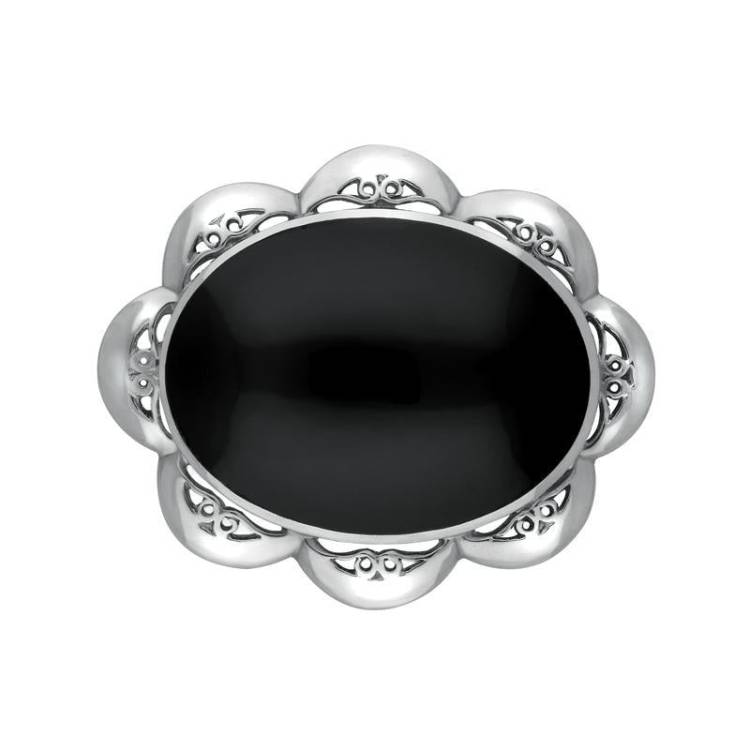 Sterling Silver Whitby Jet Oval Scalloped Edge Brooch - Silver
