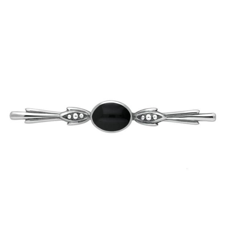 Sterling Silver Whitby Jet Oval Bar Brooch - Silver