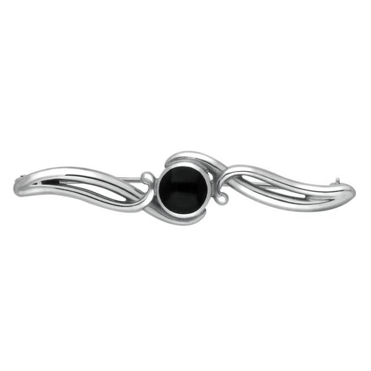 Sterling Silver Whitby Jet Oval Scroll Brooch - Silver
