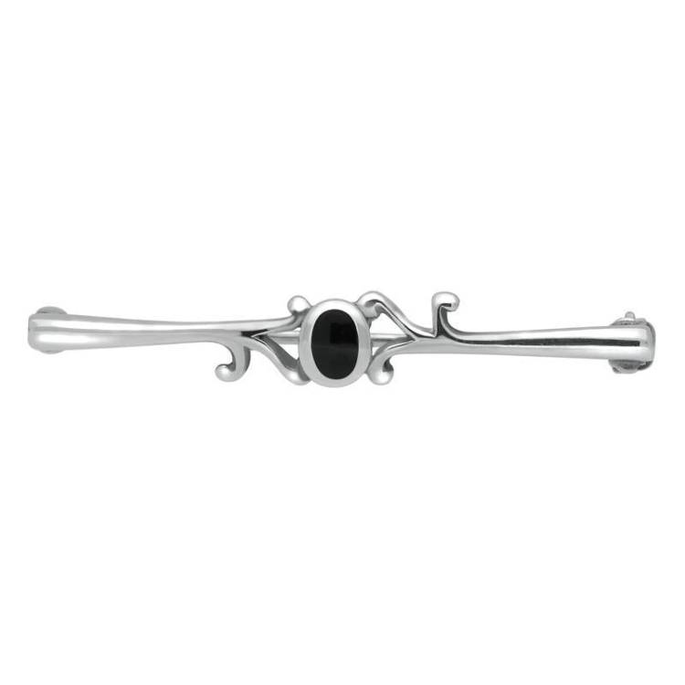 Sterling Silver Whitby Jet Oval Scroll Leaf Brooch - Silver