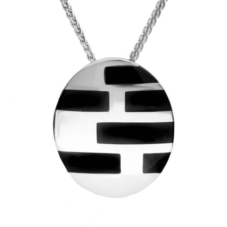 Sterling Silver Whitby Jet Oval Shape Domed Brick Pattern Necklace - Silver