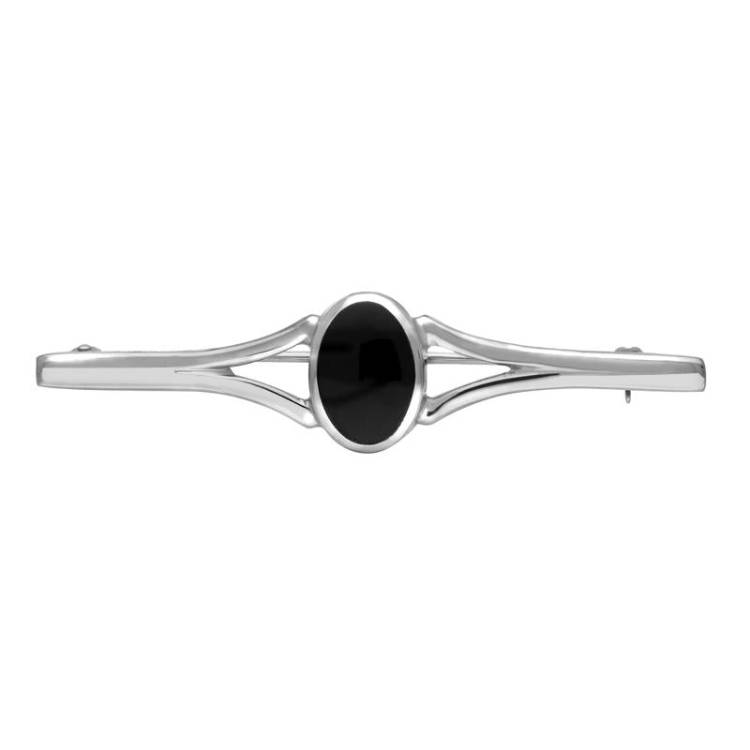 Sterling Silver Whitby Jet Oval Split Bar Brooch - Silver