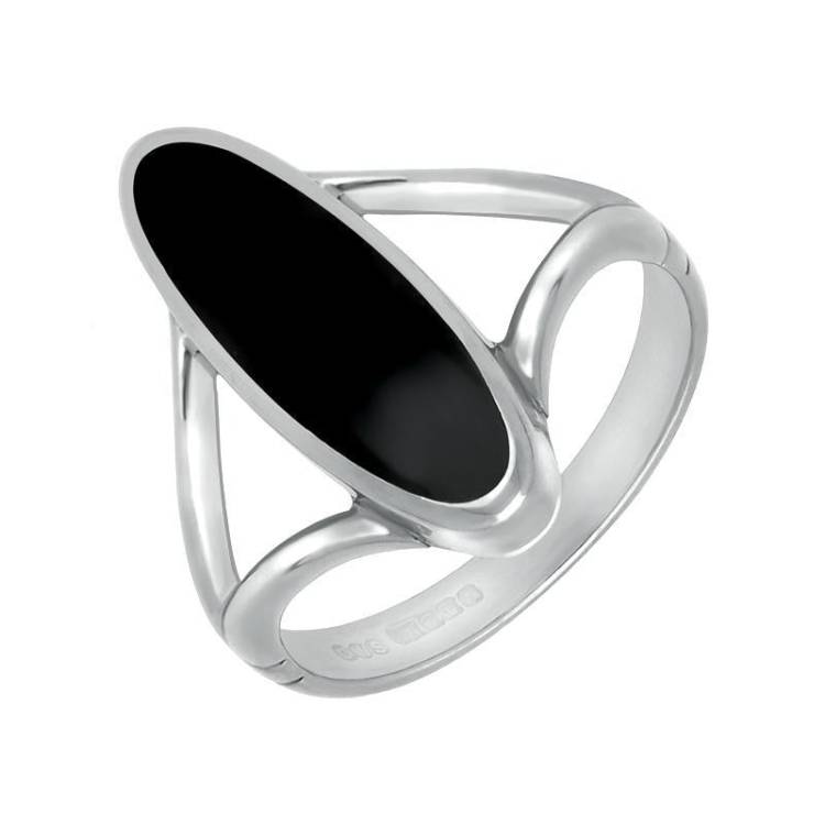 Sterling Silver Whitby Jet Heritage Oval Split Shank Ring - Silver
