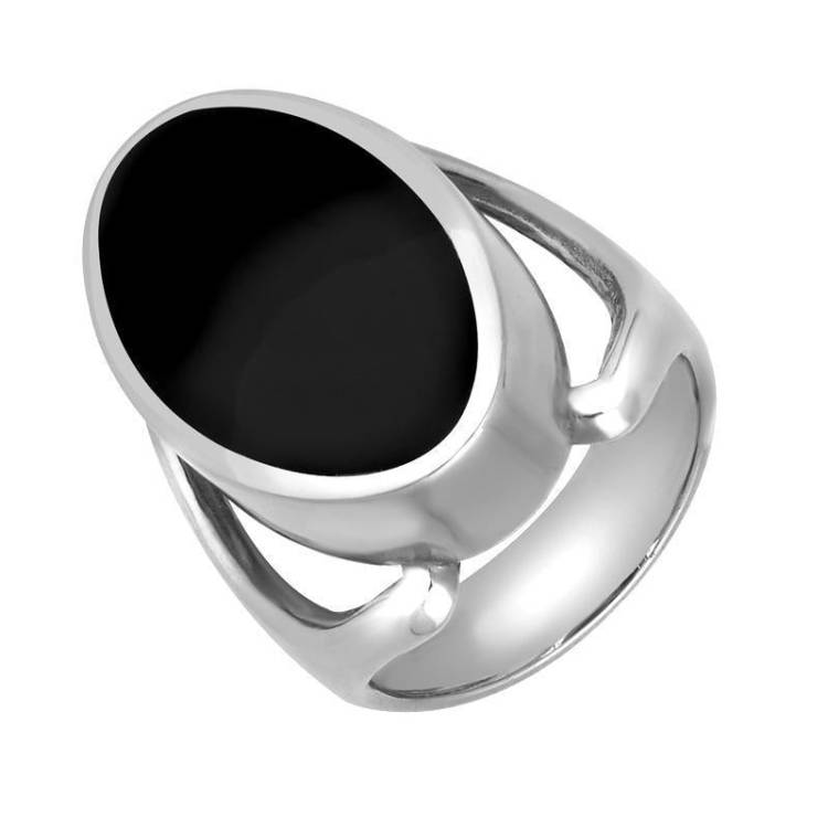 Sterling Silver Whitby Jet Oval Split Shoulder Ring - Option1 Value Silver