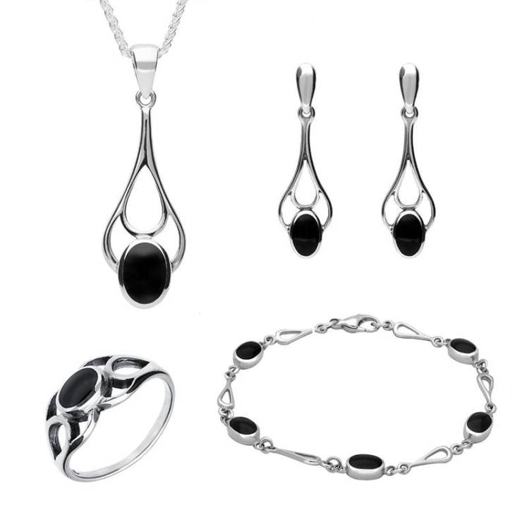 Sterling Silver Whitby Jet Oval Spoon Drop Four Piece Set